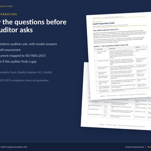 May include: A dark blue informational graphic titled Audit Preparation: Know the questions before the auditor asks. It lists features like 10 questions with model answers, a 20-point self-assessment, and ISO 9001:2015 mapping, alongside two document pages.