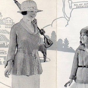 Padrão de tricô antigo PDF - suéter e cardigan feminino dos anos 1910 - chapéu de suéter para meninas - moda eduardiana vintage da Primeira Guerra Mundial Flapper Art Déco