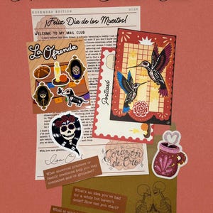 May include: A collection of stationery items including a November Mail Club letter, a La Ofrenda sticker sheet, a postcard with two hummingbirds, a skull sticker, a mug sticker, and three brown prompt cards with text on a reddish-brown background.