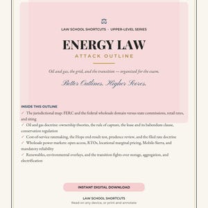 May include: A digital study guide titled Energy Law Attack Outline from the Law School Shortcuts Upper-Level Series. The document features a pink background, black text, and a list of topics including FERC, oil and gas doctrine, and power markets.