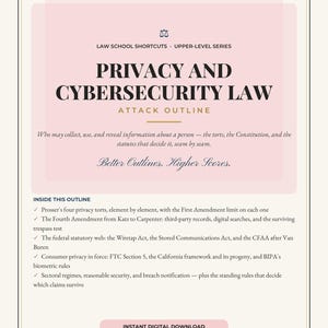 May include: A Law School Shortcuts Upper-Level Series study guide titled Privacy and Cybersecurity Law Attack Outline. The cover features a pink rectangular background, a scale icon, and a list of topics including torts, the Fourth Amendment, the Wiretap Act, and FTC Section 5. It includes the text Better Outlines. Higher Scores. and a button for Instant Digital Download.