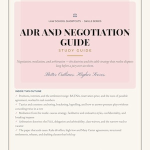 May include: A rectangular study guide titled ADR AND NEGOTIATION GUIDE with a pink background. It features a scale icon, the text Law School Shortcuts, and a list of topics including BATNA, mediation, arbitration, and Rule 68 offers.