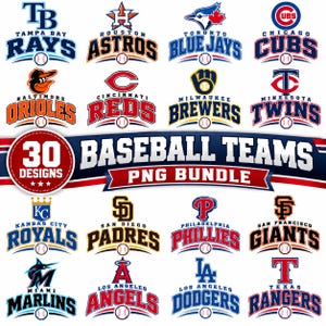 Puede incluir: Una colección digital de 30 logotipos de equipos de béisbol que presenta varias franquicias profesionales, incluidos los Rays, Astros, Blue Jays, Cubs, Orioles, Reds, Brewers, Twins, Royals, Padres, Phillies, Giants, Marlins, Angels, Dodgers y Rangers.