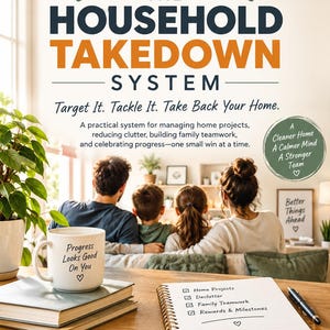 May include: A promotional flyer for The Household Takedown System featuring a white mug with the text Progress Looks Good On You, a spiral notebook with a checklist, and a family sitting on a couch in the background with home decor.