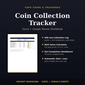 Op de afbeelding: Een digitaal werkboek voor het bijhouden van een muntenverzameling voor Excel en Google Sheets, getiteld Caps Coins & Treasures. Bevat een logboek van 500 rijen, een smeltwaardecalculator voor 13 Amerikaanse munten, een dashboard en automatische winst/verlies-berekening.
