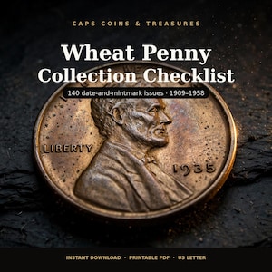 Op de afbeelding: Een Wheat Penny verzamelchecklist met de tekst CAPS COINS & TREASURES, Wheat Penny Collection Checklist, 140 date-and-mintmark issues 1909-1958, INSTANT DOWNLOAD, PRINTABLE PDF, US LETTER, en een afbeelding van een 1935 Lincoln cent munt.