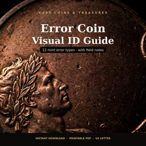 Può includere: Una guida digitale intitolata Caps Coins & Treasures Error Coin Visual ID Guide, che presenta 12 tipi di errori di conio con note. Lo sfondo mostra un primo piano di una moneta di rame usurata con il ritratto di una persona con corona di alloro.