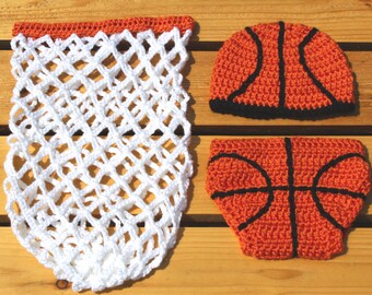 Newborn Basketball Photo Prop Set, Orange Black White Yarn Hat Diaper Cover