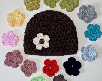 2T month baby toddler brown chunky hat with interchangeable flowers