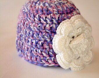 0 - 3 Month White, Pink, and Purple Baby Girl Photo Prop Flower Beanie Hat