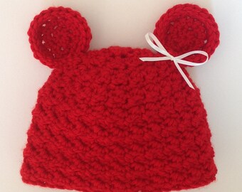 Textured Red Baby Bear Girl Newborn 0-3 Month Beanie Hat