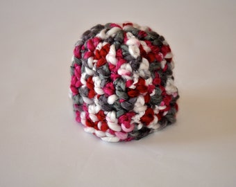 Newborn Photo Prop Beanie Hat, Variegated Yarn, Red Pink Gray White