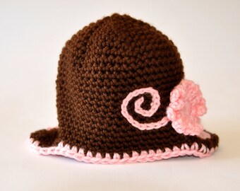 Pink and Brown Baby Girl Newborn Photo Prop Flower Earflap Hat