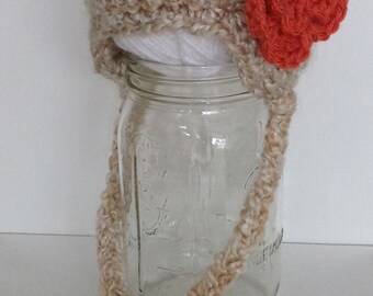 Tan Baby Girl Newborn Photo Prop Coral Flower Tie Earflap Hat