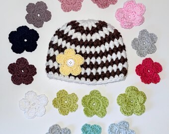 2T toddler brown and white chunky hat with interchangeable flowers
