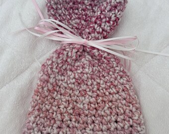 Pink and Cream Baby Girl Newborn Photo Prop Beanie Present Hat with Ribbon Bow