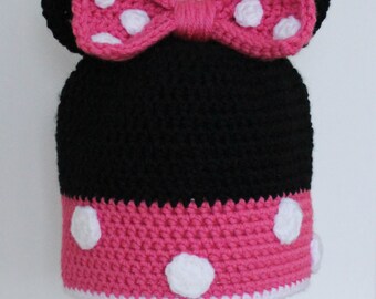 Pink, Black, and White Minnie Mouse Baby Girl Beanie Hat with Ears