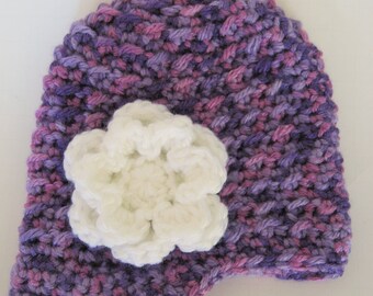 Textured Variegated Purple Newsboy Baby Girl Newborn Photo Prop Beanie Hat with White Flower