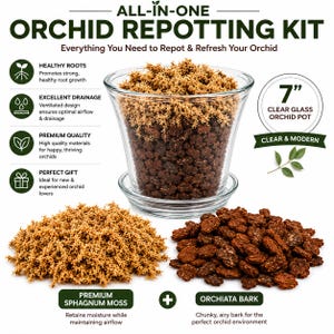 May include: An all-in-one orchid repotting kit featuring a 7-inch clear glass pot with a saucer, a pile of light brown sphagnum moss, and a pile of dark brown chunky orchiata bark. The text reads All-in-One Orchid Repotting Kit and labels.
