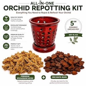 May include: An all-in-one orchid repotting kit featuring a 5-inch red glazed ceramic pot with drainage holes, a pile of premium sphagnum moss, and a pile of chunky Orchiata bark. The text includes All-in-One Orchid Repotting Kit and labels.