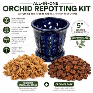 May include: An all-in-one orchid repotting kit featuring a 5-inch deep blue glazed ceramic pot with drainage holes, a pile of light brown premium sphagnum moss, and a pile of dark brown chunky orchiata bark for orchid maintenance and care.