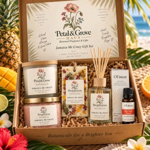 May include: A Petal & Grove Jamaica Me Crazy gift set in a cardboard box containing a coconut wax candle, a sugar scrub, a botanical wax sachet, a reed diffuser, and an O'Linear essential oil bottle, all featuring floral branding and labels.