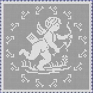 May include: A square, pixelated design featuring a white scorpion on a black and white background. The scorpion is the focal point, surrounded by a border. The design is likely for a cross-stitch or similar craft project.