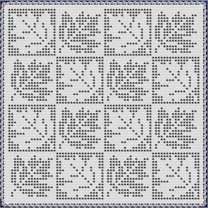 Può includere: Un quadrato bianco all'uncinetto con un motivo ripetuto di forme triangolari nere. Il disegno è diviso in nove quadrati, ognuno con un motivo stilizzato a foglia o floreale. I bordi sono rifiniti con un delicato bordo smerlato.