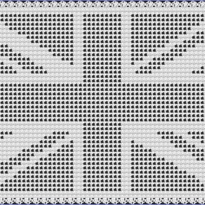 May include: White crocheted doily with a black and white Union Jack design.