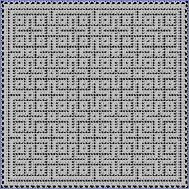 May include: A square, crocheted blanket with a repeating geometric pattern in shades of gray and black. The design features a series of interconnected squares and lines, creating a textured surface. The blanket has a blue border.