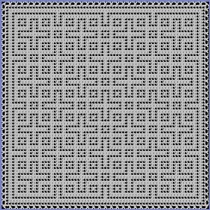 May include: A square, gray and black patterned textile with a repeating geometric design. The pattern consists of interlocking shapes and small black dots, creating a textured appearance. The border is a darker shade of gray.