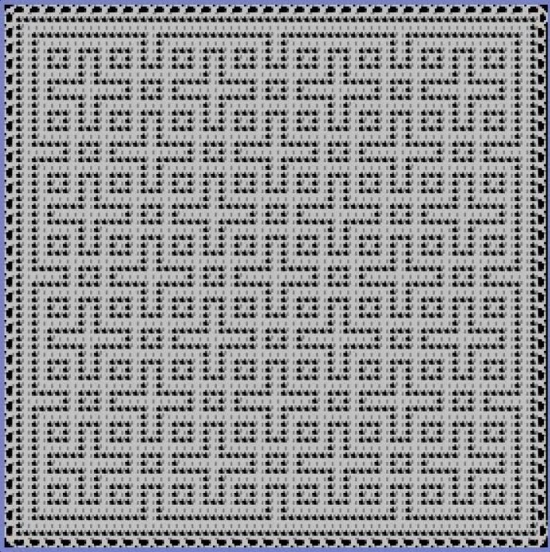 May include: A square, gray and black patterned textile with a repeating geometric design. The pattern consists of interlocking shapes and small black dots, creating a textured appearance. The border is a darker shade of gray.