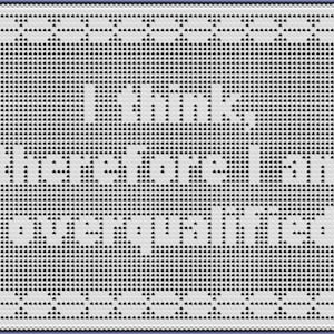 May include: A white and black crocheted wall hanging with the text "I think, therefore I am overqualified." The text is in a bold, sans-serif font. The border has a decorative pattern.