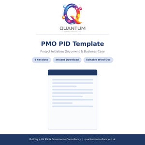 May include: A digital document template titled PMO PID Template, Project Initiation Document & Business Case. It features a logo with a stylized letter Q, 9 sections, instant download, and editable Word doc labels above a document icon.