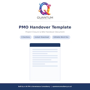 Könnte beinhalten: Ein digitales Dokument mit dem Titel PMO Handover Template, Project Closure & BAU Handover Document. Es zeigt ein farbenfrohes Q-Logo, Beschriftungen für 9 sections, instant download, editable Word doc über einer Grafik eines Dokuments.