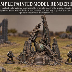 Może przedstawiać: Miniaturowy element terenu do gier bitewnych przedstawiający centralną ruinę z poszarpanymi, zwietrzałymi kamiennymi filarami otaczającymi sferyczny obiekt. Dwie małe figurki opancerzonych żołnierzy stoją po obu stronach centralnej ruiny.