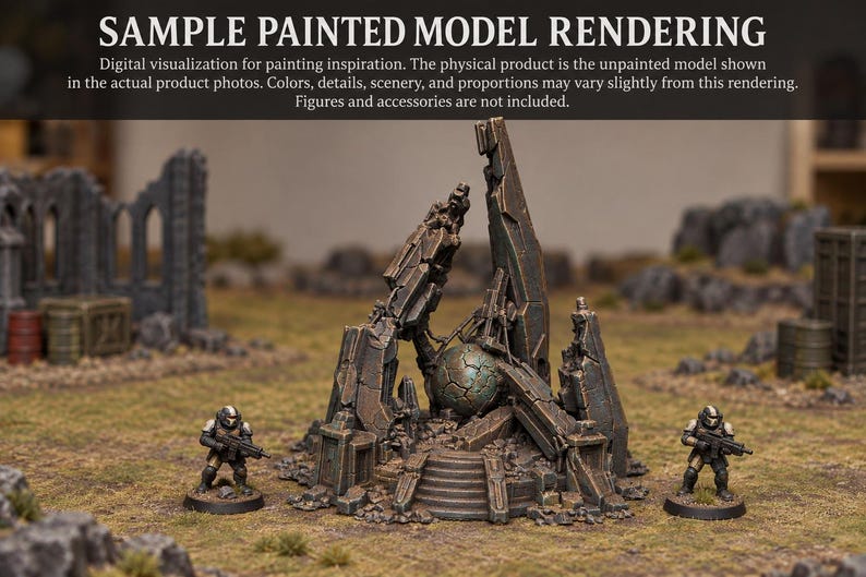 Może przedstawiać: Miniaturowy element terenu do gier bitewnych przedstawiający centralną ruinę z poszarpanymi, zwietrzałymi kamiennymi filarami otaczającymi sferyczny obiekt. Dwie małe figurki opancerzonych żołnierzy stoją po obu stronach centralnej ruiny.