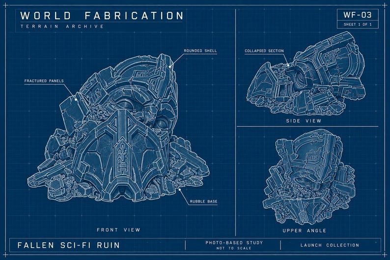 Fallen Sci-Fi Ruin Terrain - Unpainted PLA Tabletop Wreckage image 9