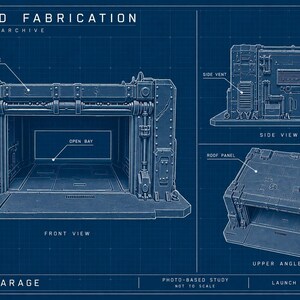May include: A blue blueprint graphic titled World Fabrication Terrain Archive WF-02 Sci-Fi Garage. It displays a front view with a portal frame and open bay, a side view with a side vent, and an upper angle view showing the roof panel details.