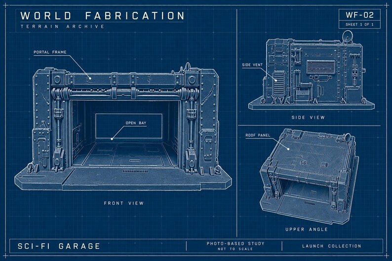 May include: A blue blueprint graphic titled World Fabrication Terrain Archive WF-02 Sci-Fi Garage. It displays a front view with a portal frame and open bay, a side view with a side vent, and an upper angle view showing the roof panel details.