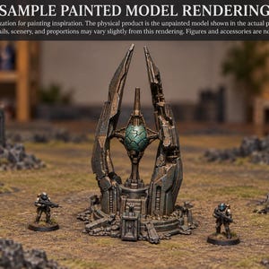 K&ouml;nnte beinhalten: Ein Miniatur-Gel&auml;ndest&uuml;ck f&uuml;r Tabletop-Spiele mit einer hohen, verwitterten, dunkelmetallischen Struktur und einer zentralen, leuchtend t&uuml;rkisfarbenen Kugel. Zwei kleine Soldatenfiguren stehen an den Seiten. Text oben: SAMPLE PAINTED MODEL RENDERING.