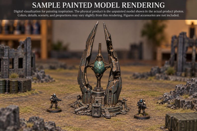 K&ouml;nnte beinhalten: Ein Miniatur-Gel&auml;ndest&uuml;ck f&uuml;r Tabletop-Spiele mit einer hohen, verwitterten, dunkelmetallischen Struktur und einer zentralen, leuchtend t&uuml;rkisfarbenen Kugel. Zwei kleine Soldatenfiguren stehen an den Seiten. Text oben: SAMPLE PAINTED MODEL RENDERING.