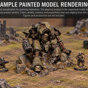 May include: A painted miniature model of a large mechanical robot sitting on a rocky base, flanked by two smaller soldier figures. The text at the top reads: SAMPLE PAINTED MODEL RENDERING. Digital visualization for painting inspiration.