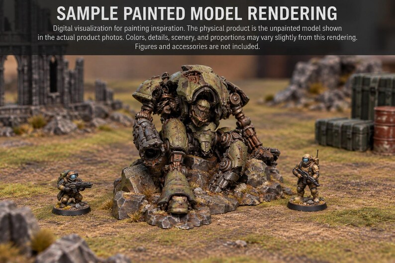 May include: A painted miniature model of a large mechanical robot sitting on a rocky base, flanked by two smaller soldier figures. The text at the top reads: SAMPLE PAINTED MODEL RENDERING. Digital visualization for painting inspiration.