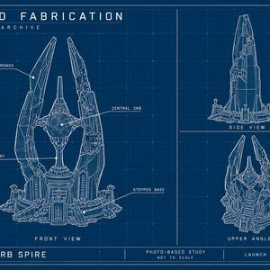 K&ouml;nnte beinhalten: Ein blauer technischer Bauplan mit dem Titel World Fabrication Terrain Archive WF-05 Intact Orb Spire. Die Zeichnung zeigt eine Struktur mit einem zentralen Orb, innerer St&uuml;tze, hohen Zacken und einer gestuften Basis in drei Ansichten.
