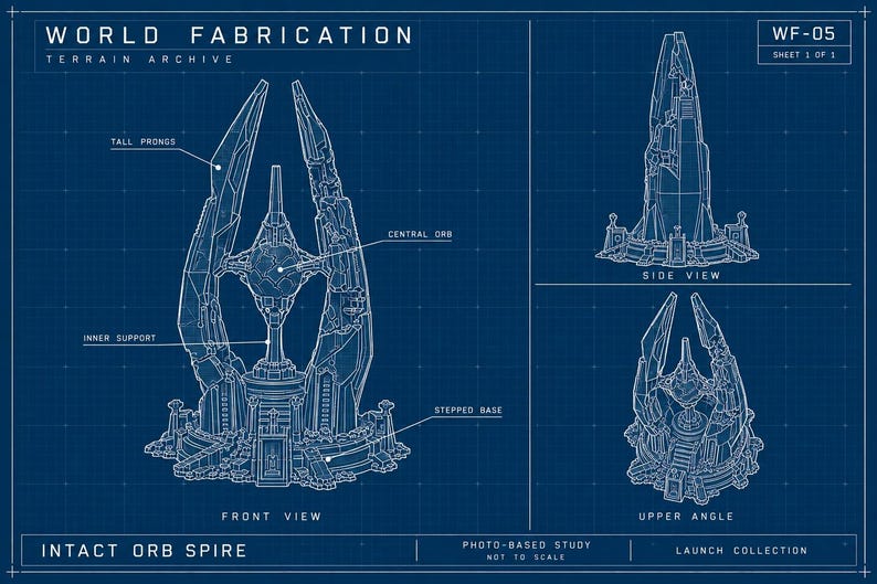 K&ouml;nnte beinhalten: Ein blauer technischer Bauplan mit dem Titel World Fabrication Terrain Archive WF-05 Intact Orb Spire. Die Zeichnung zeigt eine Struktur mit einem zentralen Orb, innerer St&uuml;tze, hohen Zacken und einer gestuften Basis in drei Ansichten.