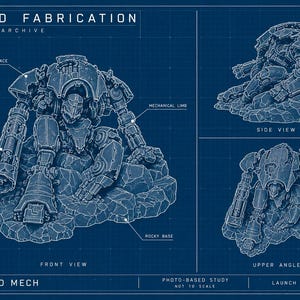 May include: A blue blueprint technical drawing titled World Fabrication Terrain Archive WF-10. It displays a collapsed mech on a rocky base from front, side, and upper angles, with labels for armored carapace, mechanical limb, and side cannon.