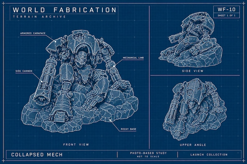 May include: A blue blueprint technical drawing titled World Fabrication Terrain Archive WF-10. It displays a collapsed mech on a rocky base from front, side, and upper angles, with labels for armored carapace, mechanical limb, and side cannon.