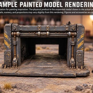 May include: A miniature sci-fi bunker entrance model with dark gray walls, metallic bronze piping, and yellow hazard stripes. The text at the top reads: SAMPLE PAINTED MODEL RENDERING. Digital visualization for painting inspiration. The physical product is the unpainted model shown in the actual product photos. Colors, details, scenery, and proportions may vary slightly from this rendering. Figures and accessories are not included.