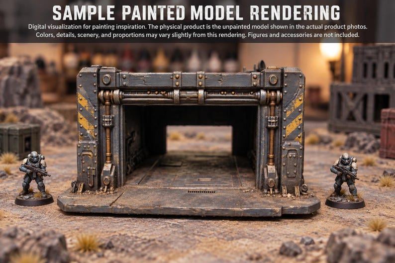 May include: A miniature sci-fi bunker entrance model with dark gray walls, metallic bronze piping, and yellow hazard stripes. The text at the top reads: SAMPLE PAINTED MODEL RENDERING. Digital visualization for painting inspiration. The physical product is the unpainted model shown in the actual product photos. Colors, details, scenery, and proportions may vary slightly from this rendering. Figures and accessories are not included.